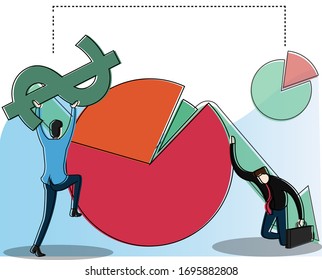 Business pie chart vector concept with male figure wearing suits while lifting and assembling huge pie chart and dollar sign, isolated in white background with another business pie chart