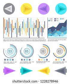 Business pie diagrams and arrowheads pointers vector. Graphic representation of information, cursors and infocharts, schemes with figures in color