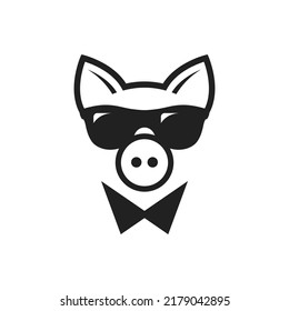 Business pig face in dark glasses and a bow tie. Cute kawaii avatar, mascot icon. Flat vector illustration isolated on white background.