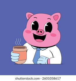 Business pig holding coffee cup cartoon