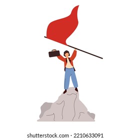 Business pioneer, conqueror be the first to explore success opportunity, confidence businessman holding winner flag on top of mountain peak , achievement or new market segment, exploration concept.