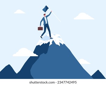 Business pioneer, conqueror, success opportunity, achievement or conquest, exploration concept, confidence businessman holding winner flag on top of mountain peak vector illustration