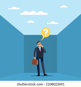 Business pitfall. Difficult task. Confused businessman in suit thinking about trouble, question mark, solving problems and finding new business opportunities vector isolated concept