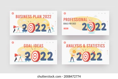 Business Plan to 2022 Landing Page Template Set. Characters Throw Huge Darts into Target, Office Workers Career Boost, Start Up Project. Businesspeople Achieve Goal. Cartoon People Vector Illustration