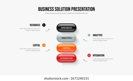 Business Plan 4 Element Diagram Slide Layout. Service Review Slideshow Template Vector Illustration. Marketing Showcase Four Option Infographic Frame Design.