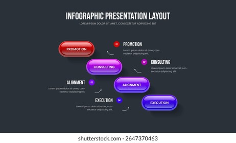 Business Plan 4 Step Diagram Presentation Design. Investor Review Slide Template Vector Illustration. Digital Proposal Four Option Infographic Slideshow Layout.