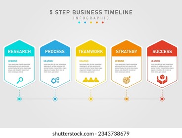 Business plan 5 step infographic template Multi-colored acute-angled squares top right color font icon below The middle frame placed the letters. arrow with circle Below the gray gradient background