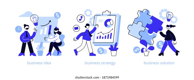 Business plan abstract concept vector illustration set. Business idea, strategy and solution, company achievement, problem solving, decision making, effective performance, roadmap abstract metaphor.