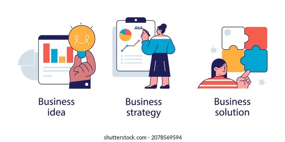 Conjunto de ilustraciones vectoriales de concepto abstracto del plan de negocio. Idea comercial, estrategia y metáfora abstracta de soluciones.