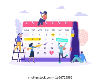 Business Plan Agenda Appoitnment Vector Illustration Concept, Group Of People Make An Online Schedule With Big Calendar Can Use For, Landing Page, Template, Ui, Web, Homepage, Poster, Banner, Flyer