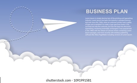 Business plan background. Airplane and clouds in paper style. Innovation and unique way concept. Vector illustration