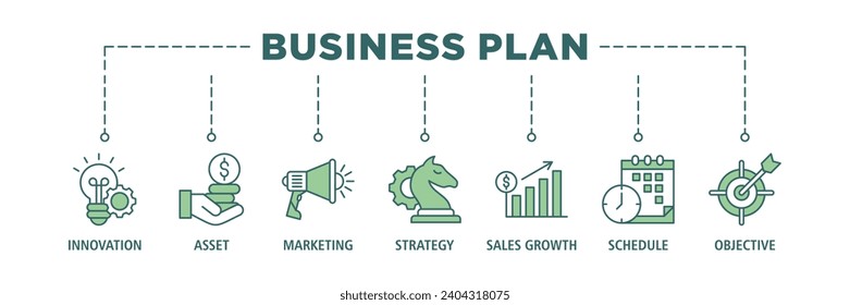 Banner de plan de negocio conjunto de iconos web conjunto de ilustraciones vectoriales con icono de innovación, activos, marketing, estrategia, crecimiento de ventas, programación y objetivo