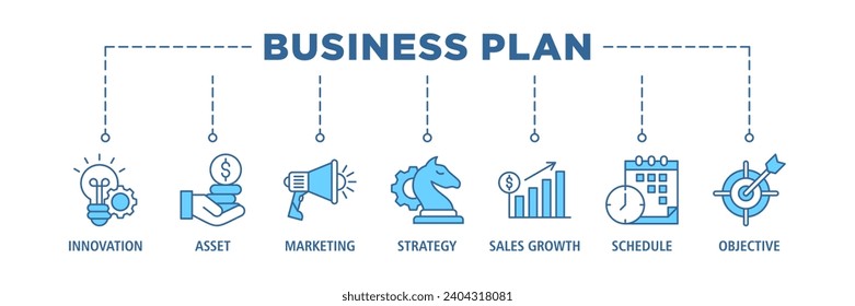 Business plan banner web icon set vector illustration concept with icon of innovation, assets, marketing, strategy, sales growth, schedule, and objective