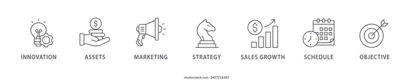 Pancarta de plan de negocio icono web concepto de ilustración vectorial con icono de innovación, activos, marketing, estrategia, crecimiento de ventas, programación y objetivo