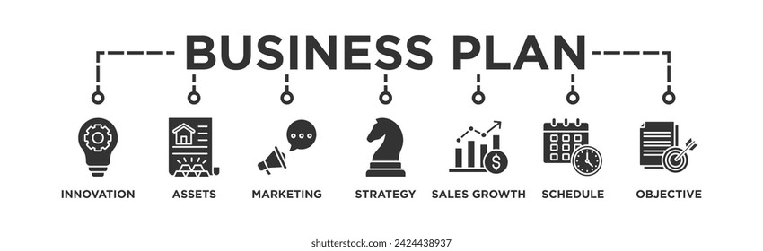 Business plan banner web icon vector illustration concept with icon of innovation, assets, marketing, strategy, sales growth, schedule, and objective