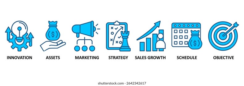 Business plan banner web icon vector illustration concept with icon of innovation, assets, marketing, strategy, sales growth, schedule, and objective