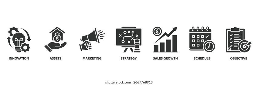 Conjunto de iconos de Web de Anuncio de Plan de negocios � innovación, Elementos, marketing, estrategia, crecimiento de ventas, horario e iconos de vectores objetivos