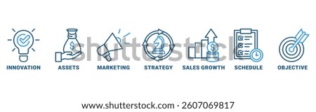 Business Plan banner web icon vector illustration concept with icon of innovation, assets, marketing, strategy, sales growth, schedule, objective
