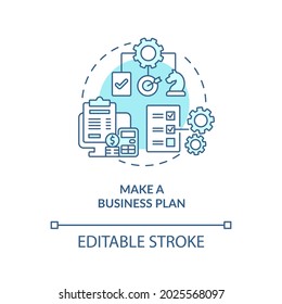 Business Plan Blue Concept Icon. Strategie für die Projektentwicklung. Unternehmererfolg. Startup-Start abstrakte Idee dünne Linie Illustration. Vektorgrafik einzeln auf Umrissfarben. Bearbeitbarer Hub