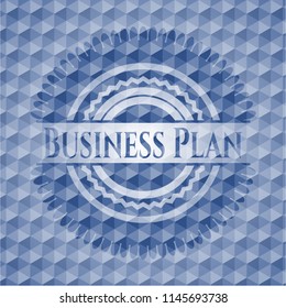 Business Plan blue emblem or badge with abstract geometric pattern background.