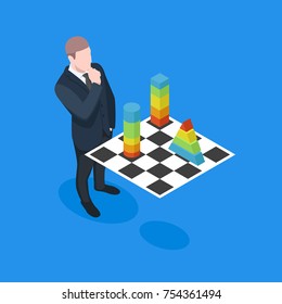 Business plan, businessman playing chess vector concept, Thinking businessman, isometric people illustration