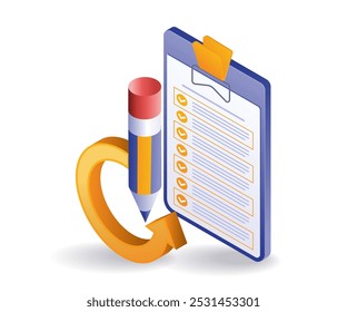 Ilustração isométrica da área de transferência da lista de verificação do plano de negócios