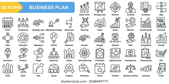 Business plan collection icon set. Strategic plan, Dollar,  Solution, Analysis, Company, Conference, Marketing strategy. Simple line vector.