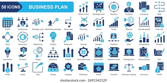 Business plan collection icon set. Strategic plan, Dollar,  Solution, Analysis, Company, Conference, Marketing strategy. Simple flat vector.