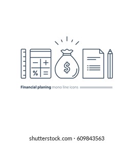 Business Plan Concept, Budget Planning, Financial Education, Finance Investment Calculation, Project Document, Money Dollar Bag, Calculator Symbol, Ruler Pencil And Paper Sheet Vector Mono Line Icon