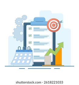 Business Plan Concept. Clipboard with Data Chart and Target Arrows. Business strategy, business plan. financial report. Clipboard with financial data infographics. Flat Design Illustration.