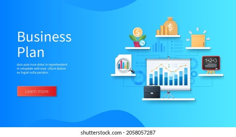 Business plan concept. Computer with business charts on the screen. Analysis, investment, profit, distribution, planning icons. Web vector illustrations in 3D style