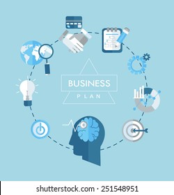 Business plan concept flat icons illustration. Vector emblem in outline style