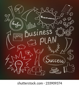 Business plan concept with hand drawn doodle icons, light bulb idea, analysis diagram and graph, teem work and success symbols  on defocused colored background. Vector illustration.