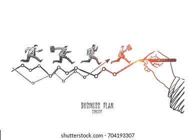 Business plan concept. Hand drawn financial chart drawn by hand with pencil. Businessmen running to do work in time isolated vector illustration.