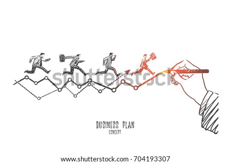 Business plan concept. Hand drawn financial chart drawn by hand with pencil. Businessmen running to do work in time isolated vector illustration.