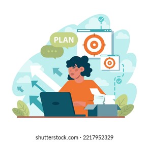 Business plan concept. Idea of business strategy. Setting a goal or target and following schedule. Financial research, analysis and organization. Isolated flat vector illustration