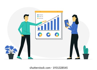 Ilustración del concepto del plan de negocios. Concepto de negocio. Dos personas están planeando un negocio basado en un gráfico. Estilo de diseño plano de ilustración vectorial.