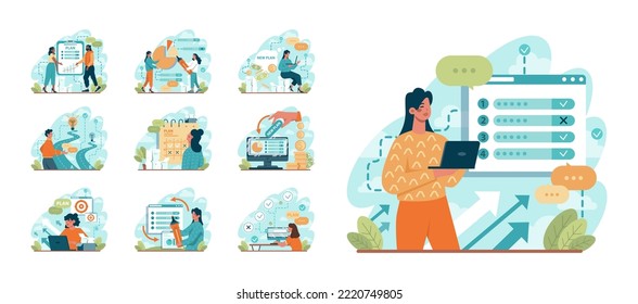 Business plan concept set. Idea of business strategy. Setting a goal or target and following schedule. Financial research, analysis and organization. Isolated flat vector illustration