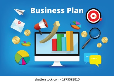 Business Plan Concept, Business Startup Project Work, Search Computer and Internet Communication, social media, vector design.