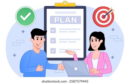 Business plan concept, target, finance, start up strategy, team work, management company, flat vector banner for landing page website.