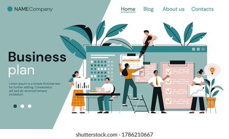 Business Plan Concept With Teamwork As Diverse Members Of The Team Do Research And Logistics, Colored Vector Illustration. Web Page Template.