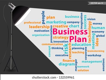 Business plan concept of word cloud, with creative lighting studio light, Vector illustration modern template design