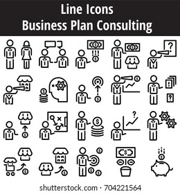 Business plan consult Icon line style set. Financial services analyst market to make money up and growth market. Solve problem and recommend with marketing.