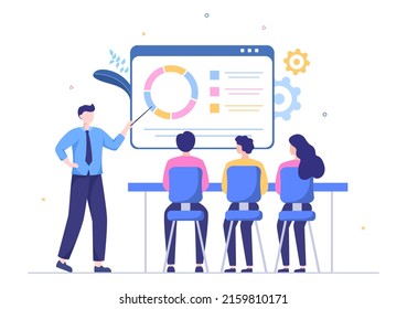 Consultoría de planes de negocio para análisis financieros, estadísticas o desarrollo para rendimiento de la empresa en ilustración de caricatura plana