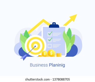 Business plan design template. Plan, target, money and graph. Trendy flat style. Vector illustration.