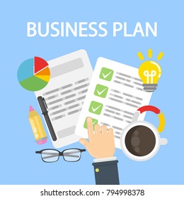 Business plan desk top view. Plan list with data and coffee cup.