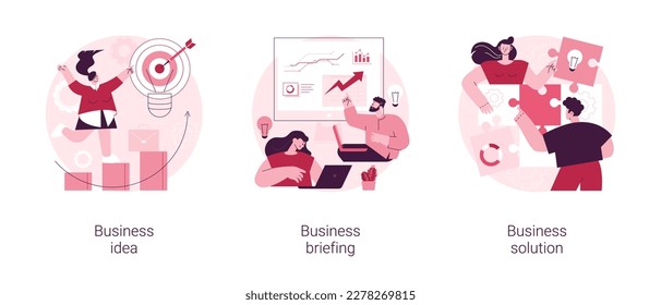 Business plan development abstract concept vector illustration set. Business idea, briefing and teamwork task discussion, problem solving and decision making, creating new ideas abstract metaphor.