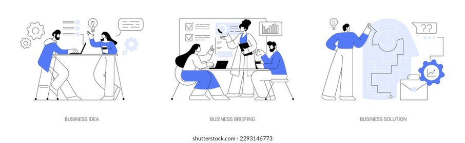 Business plan development abstract concept vector illustration set. Business idea, briefing and teamwork task discussion, problem solving and decision making, creating new ideas abstract metaphor.