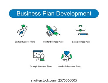 Business Plan Development. Icons included: Startup, Investor, Bank, Non-Profit, Strategic Plans.
