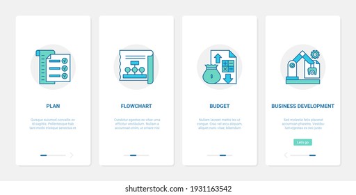 Business plan, development technology vector illustration. UX, UI onboarding mobile app page screen set with line planning and analysis of financial budget, developing digital account finance system